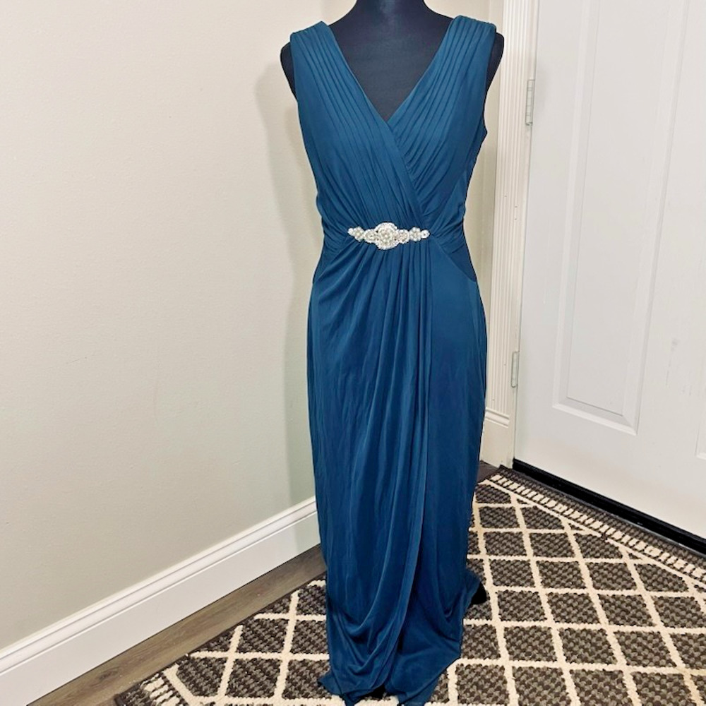 Alex Evenings Embellished Maxi Dress 6 Sleeveless Blue Occasion Gown Ruched